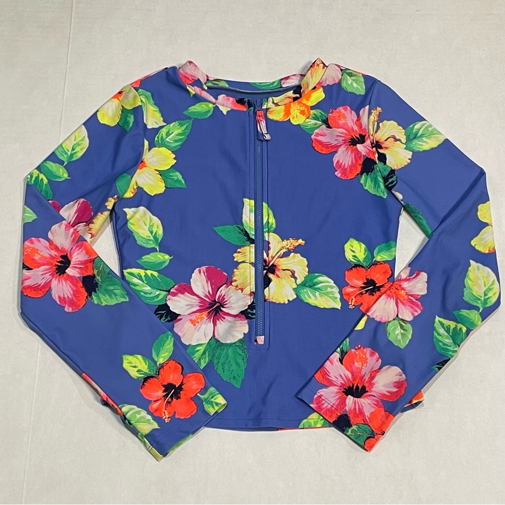 Gap Kids Blue Floral Long Sleeve 3/4 Zip Rash Guard Swim Shirt, Girls Sz XXL